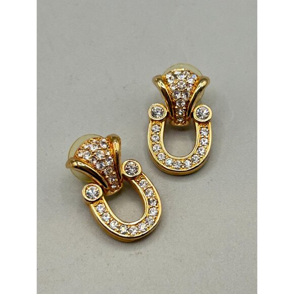 Swarovski Earrings Swan Signed Gold Tone Crystal Horseshoe Door Knockers - Picture 3 of 5